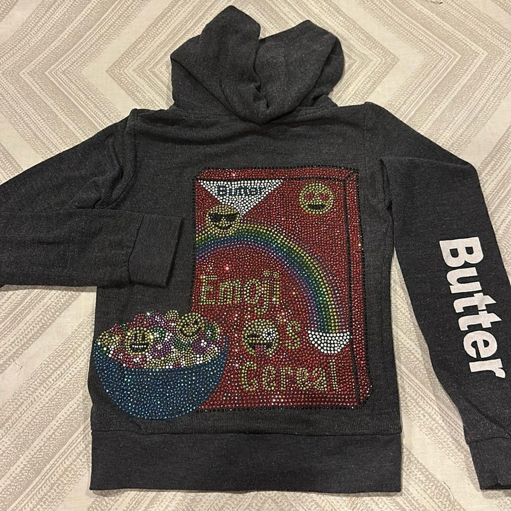 Butter Girls Emoji Cereal Sparkle Grey Zip Up Sweatshirt